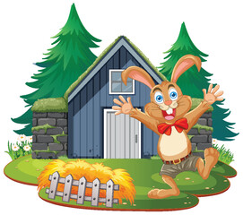 Happy cartoon rabbit in front of a small house