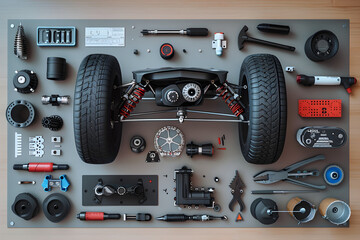 Top-Down View of Disassembled Modern Remote-Controlled Vehicle with Parts and Tools