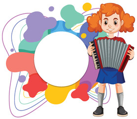 Red-haired girl playing accordion, colorful abstract shapes.
