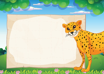 Vector illustration of a cheetah beside a blank sign.