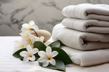 Spa composition with soft towels and a beautiful flower