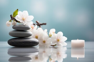 Stacked pebble stones and flowers on light background