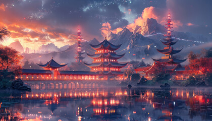 Traditional Chinese architecture, sparkling with twinkling stars, generative ai - 796266725