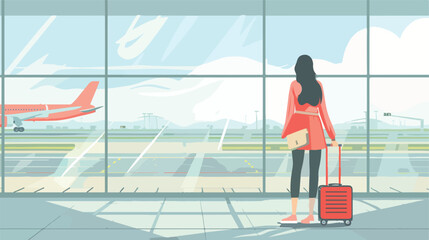 Young woman with suitcase on the airport background white