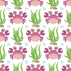 Cute sea crab seamless vector pattern. Funny aquatic animal in a shell, with claws. Friendly ocean creature swims among seaweed, bubbles. Hand drawn ocean pet. Marine life background for babies, kids