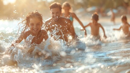 Obraz premium Joyful parents and kids having a fun beach day, building sandcastles and splashing in the waves during their travel trip.