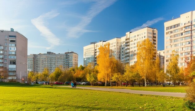 city park in autumn, autumn in the city park, wallpaper Autumn streets and high-rise buildings of a modern eco-city. Sustainable urban design for the future