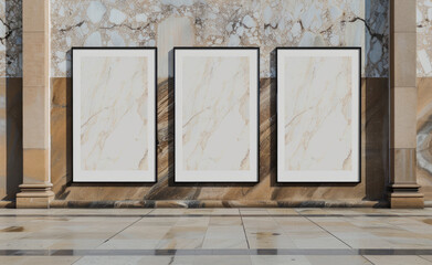 blank poster frames next to a marble wall, in the style of outdoor art, multiple screens,generative ai - 796266923