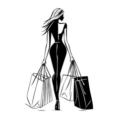 woman is carrying shopping bags and walking. bags are black and white. woman is wearing high heels