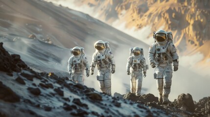 Intrepid astronauts exploring a distant planet's surface, their strides confident and purposeful in their protective space suits.
