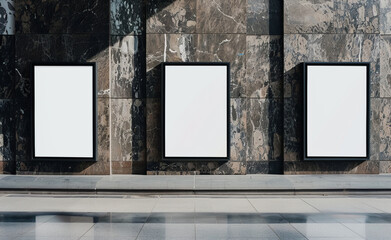 blank poster frames next to a marble wall, in the style of outdoor art, multiple screens,generative ai - 796266963