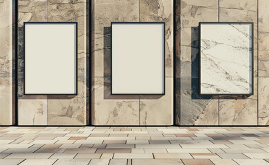 blank poster frames next to a marble wall, in the style of outdoor art, multiple screens,generative ai - 796267180