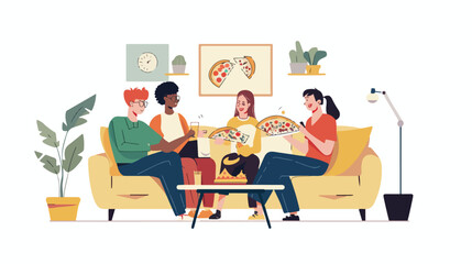 Young women men sitting on sofa and eating pizza in t