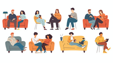 Young women men sitting on sofa and look at gadgets illustration