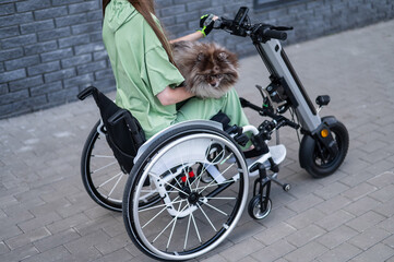 A woman in a wheelchair with a hand-control assist device carries a Spitz merle dog. Electric handbike. 