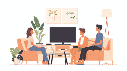 Young women men sitting on sofa and watching TV