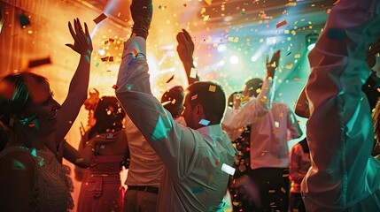 Wedding guests dancing and celebrating on the dance floor. Marriage, holiday, club, many people, newlyweds. Starting life together concept. Generative by AI