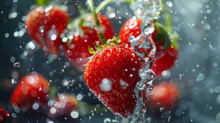 Freeze motion of falling fresh strawberry into water