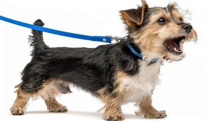 Expressive barking dog leashed on white background  dynamic shot capturing intense bark