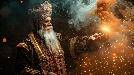 A wizard in a luxurious suit with a magic wand creates magic. Magic, mysticism, Middle Ages, magic robe, old man, beard, haze, costume, cosplay. Generative by AI