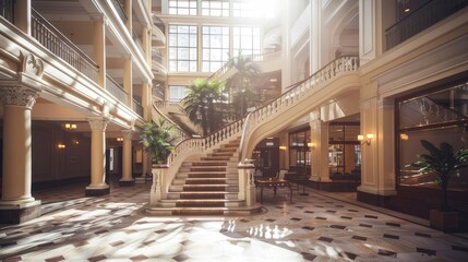 Hotel atrium with grand staircase and natural light flow. Arthouse, interior, rich and presentable appearance, foyer, marble, hostel. Advertising image concept for hotels. Generative by AI