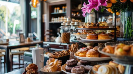 Naklejka premium Hotel cafe with aromatic coffee, fresh pastries. Comfort, tranquility, a large amount of high-quality wooden furniture, interior, baked goods. Advertising image concept for hotels. Generative by AI