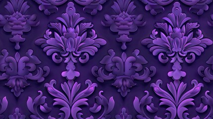 purple damask pattern, 3d paper art style, seamless