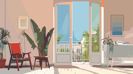 Living room and open balcony door. Vector flat style