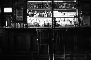 The solitude of an empty bar after closing time, bottles neatly arranged behind the counter like silent sentinels, Generative AI