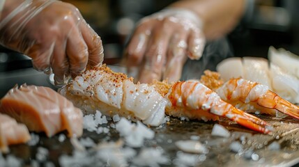  chef's hands expertly preparing a seafood dish, showcasing the skill and artistry involved in creating culinary masterpieces.  