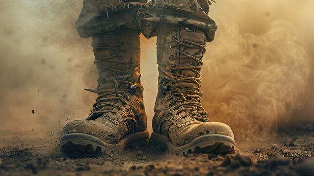   pair of combat boots that show off their intricate details and worn leather. dusty