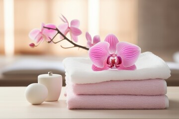 Neatly stacked spa towels with fresh flowers and candle