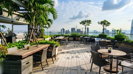Obraz premium Roof garden with panoramic city views and barbecue. Greenery, exterior, eco-friendly, plants, fresh air, relaxation, landscape, skyscrapers. Advertising image concept for hotels. Generative by AI