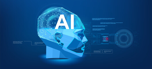 Artificial intelligence brain concept. Integrated AI human communication system. Connection between the human brain and artificial intelligence. Holographic 3D human head with AI concept