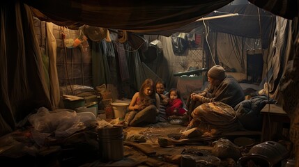 An impoverished family lives in temporary shelter on street. South, poverty, devastation, tents, garbage everywhere, not life but survival. Poverty in third world countries concept. Generative by AI