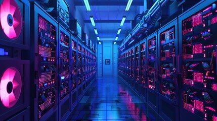 Digital currency mining farm with rows of mining rigs