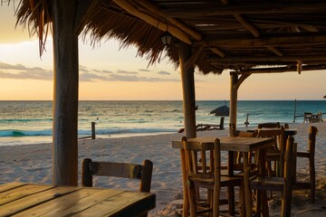 The tranquility of an empty beachside bar, with tables set for sunset cocktails that will never be served, Generative AI