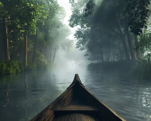 Traditional wooden boat navigating through a misty river in a dense forest, serene and mysterious, illustrating a journey into the unknown