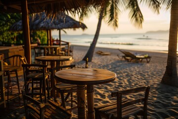 The tranquility of an empty beachside bar, with tables set for sunset cocktails that will never be served, Generative AI