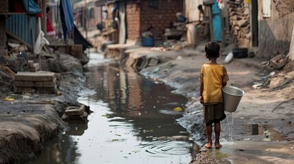 Lack of clean water and sanitation in poor communities. South, poverty, devastation, garbage everywhere, not life, but survival. A black-skinned child is trying to get water. Generative by AI