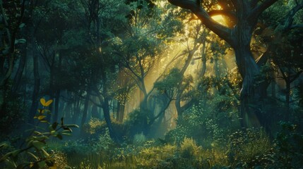 The first light of dawn filters through the branches of a dense forest, illuminating the lush undergrowth and awakening the woodland to a new day. - obrazy, fototapety, plakaty