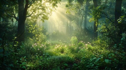 The first light of dawn filters through the branches of a dense forest, illuminating the lush undergrowth and awakening the woodland to a new day.