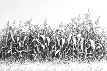 A detailed black and white drawing of a cornfield. Perfect for agricultural or nature-themed projects