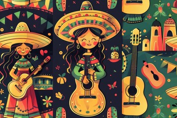 A Mexican girl posing with a guitar and sombrero. Ideal for travel and music themes