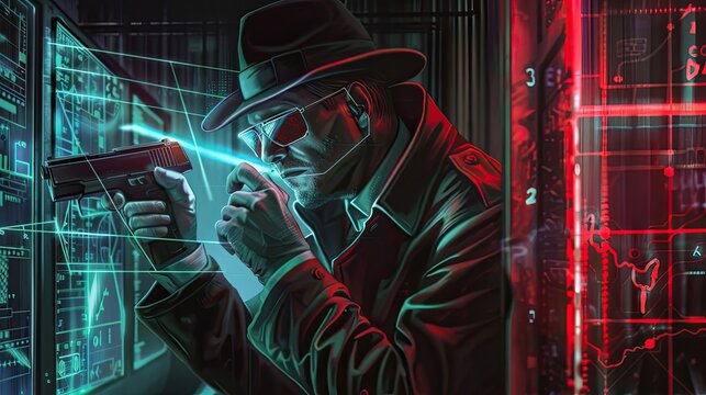 A mysterious agent in a hat, glasses and a jacket secretly transmits encrypted data, tracking down criminals, special agent, abstract image. Matrix concept, cyber space. Generative by AI