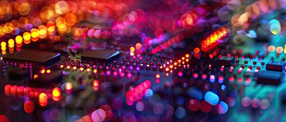A circuit board with a glowing led lights and a blurred background of the same colors.