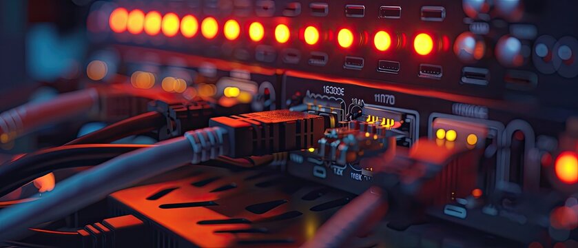 A close up of a network switch with cables plugged in.