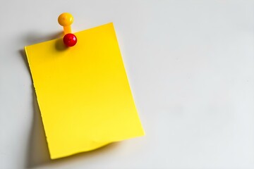 Yellow sticky note with pin on white background. Concept Product Photography, Office Supplies, Stationery Essentials, Minimalistic Design