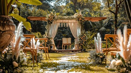 Outdoor venue for wedding ceremonies with a picturesque wedding altar and colorful landscape. Marriage, no one, petals, romance, nature. Concept of starting a life together. Generative by AI