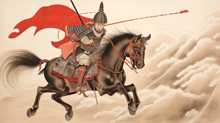 A samurai on horseback enters battle with a war banner. Japanese aesthetics, mount, sword, katana, silhouette, plate armor. Concept of a rider and his horse. Generative by AI